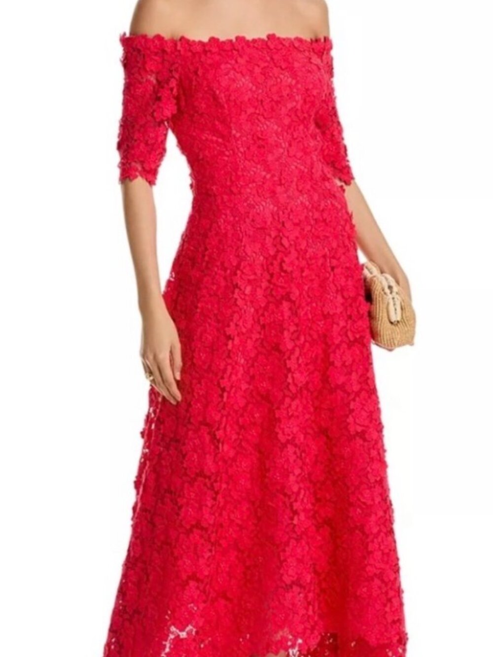 NWT Teri Jon by Rickie Freeman 3D Flower Lace Off Shoulder High/Low Gown. Sz 4